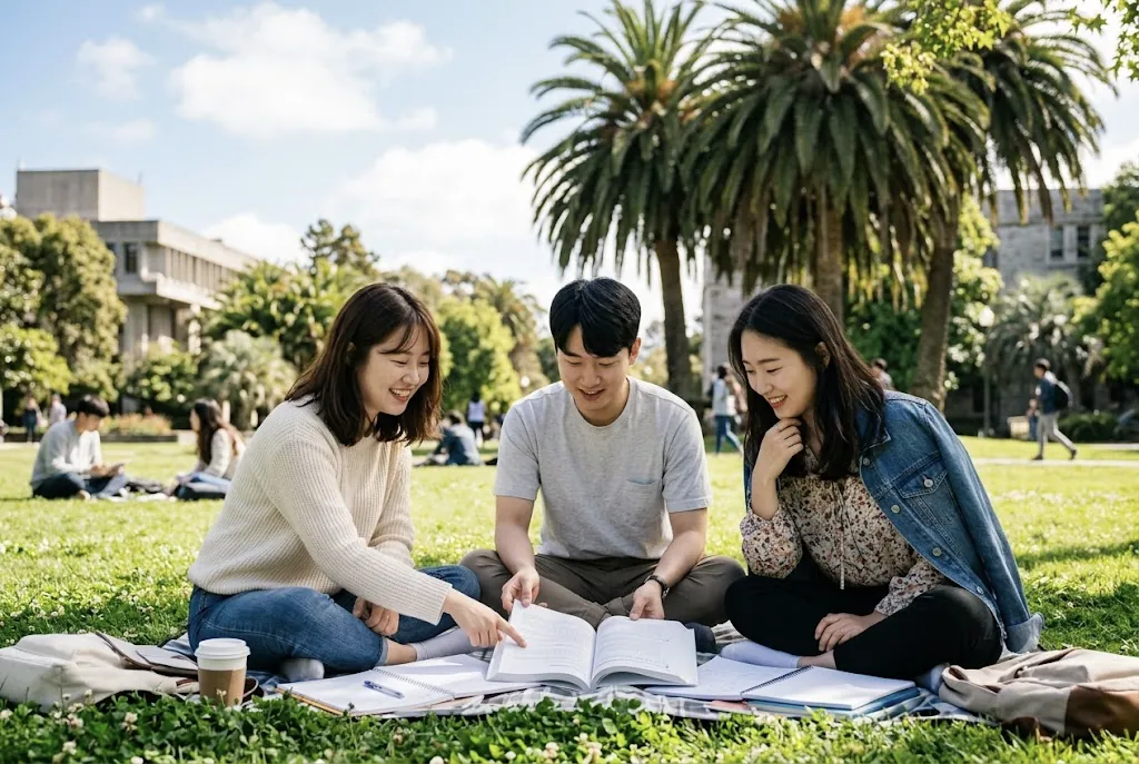 캠퍼스 잔디밭에서 함께 공부하는 의대생들 (AI로 만든 연출 이미지)